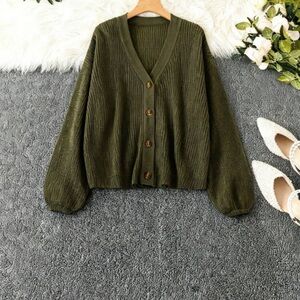 Olive Green Button-Front Women's Cardigan Sweater